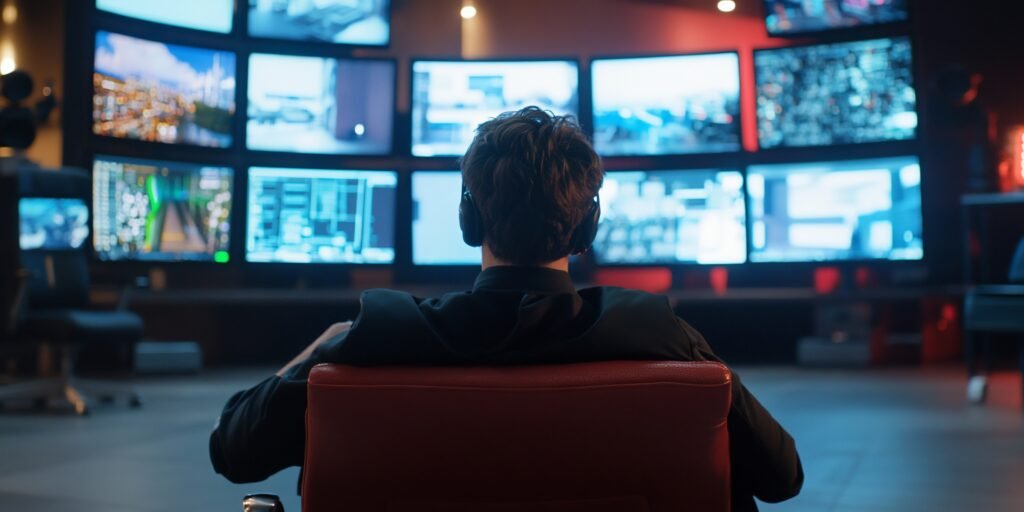 man monitors city security cameras. control room background. stock photo